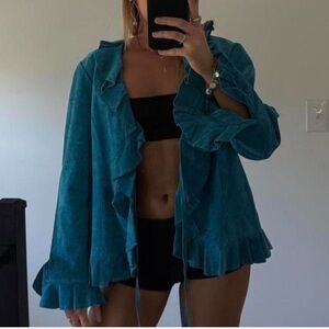 NorthStyle Vibrant Blue genuine suede leather ruffle jacket size L